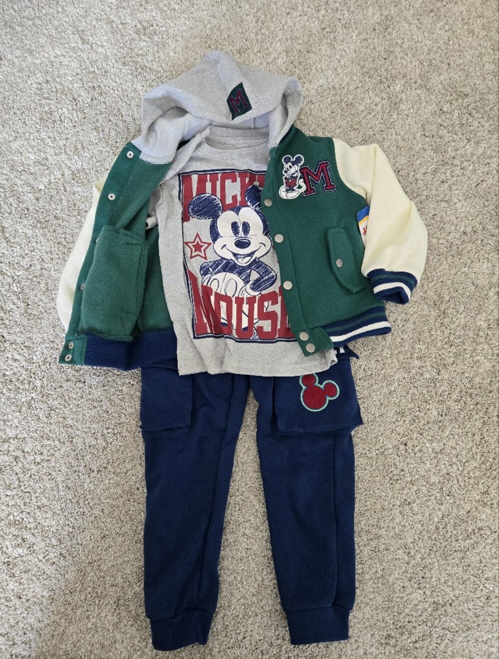 NWT- 4T- Disney Green & Navy Mickey Varsity Hoodie 3 Piece Set